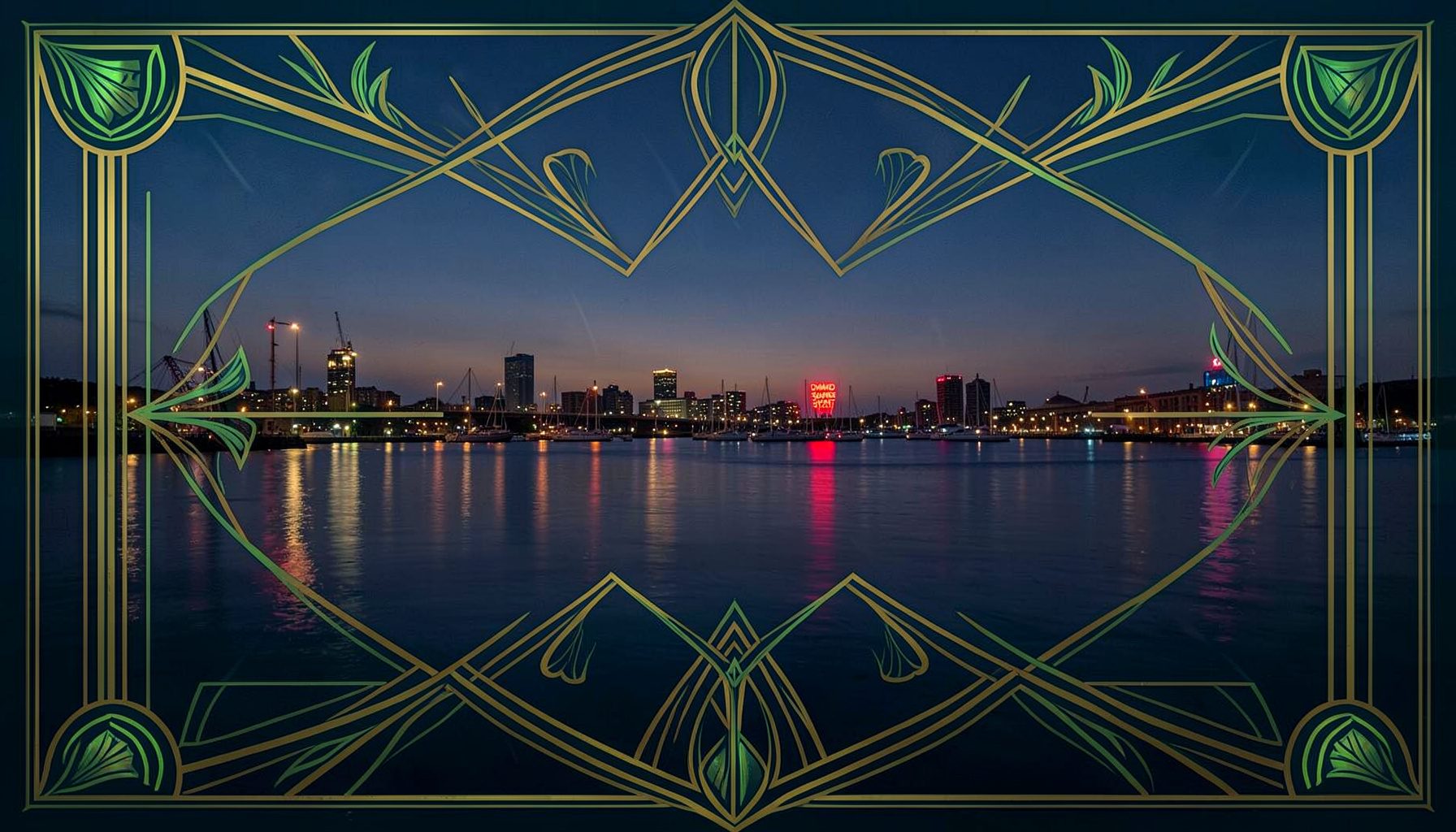 A twilight view of Baltimore's Inner Harbor with calm water reflecting city lights and the Domino Sugars sign glowing red in the distance.