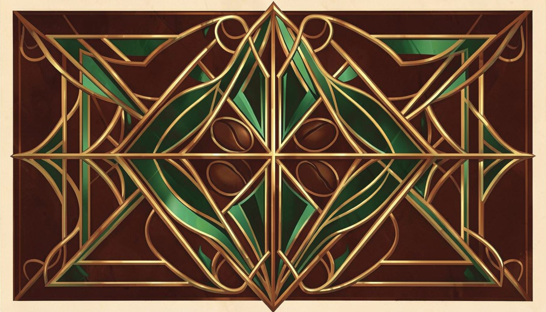A warm-toned art-deco geometric composition with symmetrical motifs in deep browns, golds, and cream, evoking the richness of roasted coffee beans and elegant café culture.